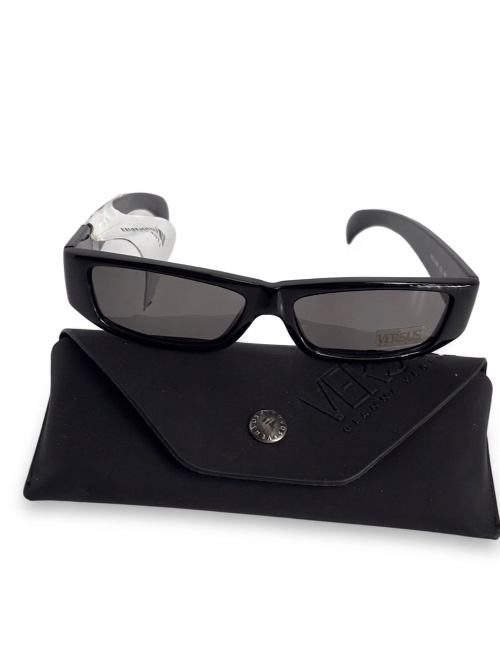 Vintage Versus Versace Black Rectangle Sunglasses Mod E80 Deadstock W/ Case